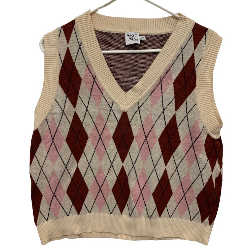 Princess Polly Argyle Sweater Vest Pink Brown Preppy V Neck Knit